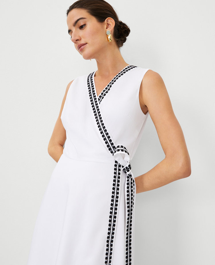 Petite Embroidered Trim V-Neck Flare Midi Dress