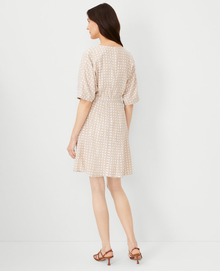 Petite Lattice Linen Blend Split Neck Flare Dress