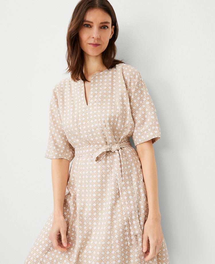 Petite Lattice Linen Blend Split Neck Flare Dress