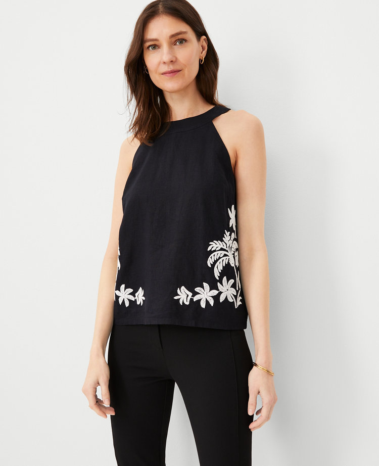 Ann Taylor Petite Palm Embroidered Linen Blend Halter Top Black Women's