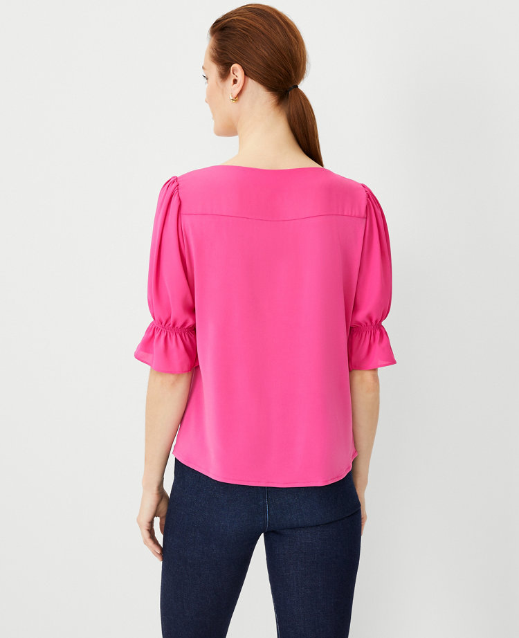 Ann Taylor Petite Ruffle Mixed Media Puff Sleeve Top Bold Pink Women's