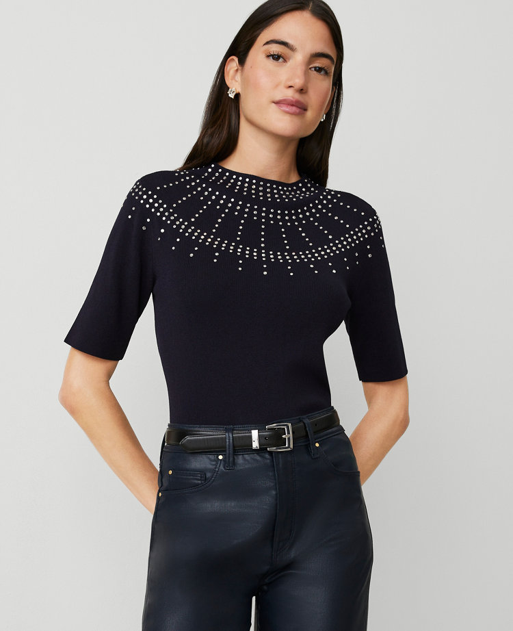 Embellished Mock Neck Sweater Tee