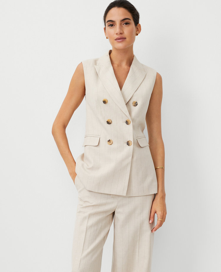 Ann Taylor Pinstripe Long Double Breasted Vest Pearl Linen Women's