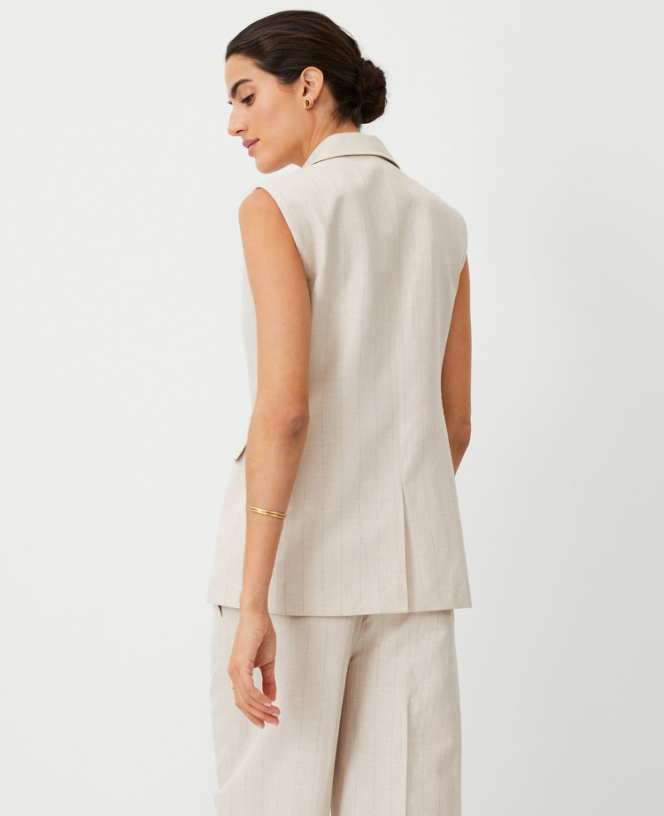 Ann Taylor Pinstripe Long Double Breasted Vest Pearl Linen Women's