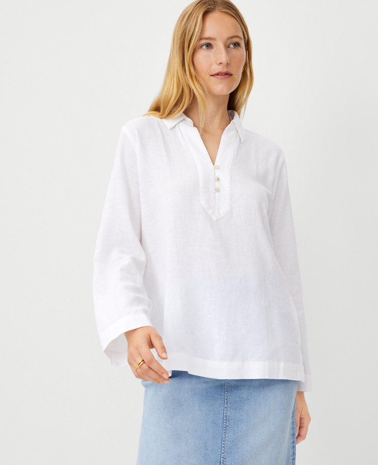 Ann Taylor Petite AT Weekend Linen Blend Tunic Shirt White Women's