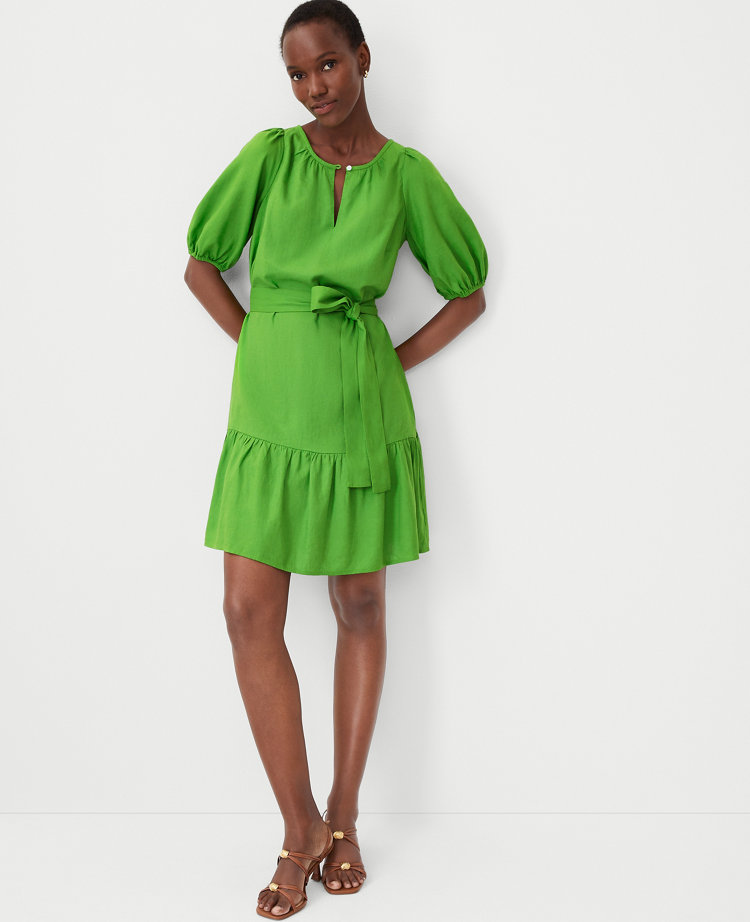 Ann Taylor Petite Linen Blend Puff Sleeve Flounce Dress Size XS Matcha Women's