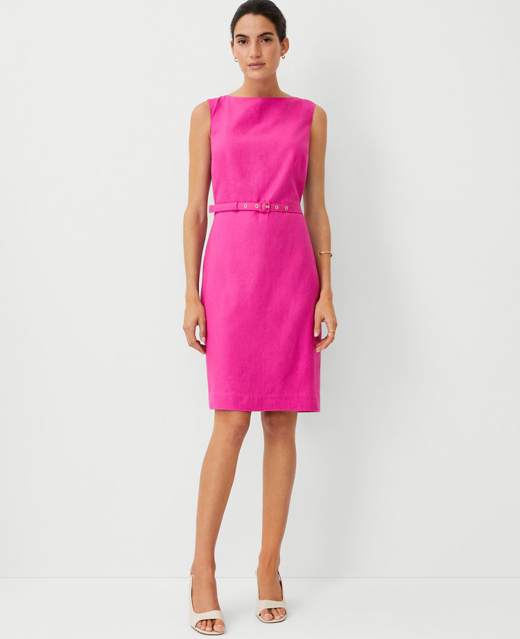 Ann Taylor Petite Boatneck Linen Blend Belted Sheath Dress Bold Pink Women's