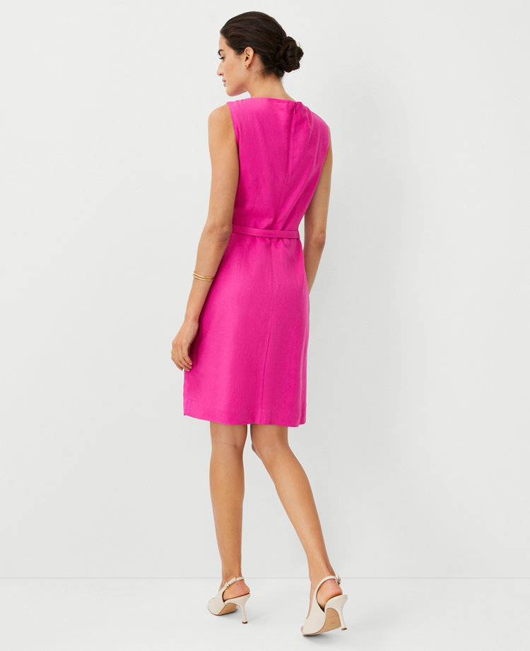 Petite Boatneck Linen Blend Belted Sheath Dress