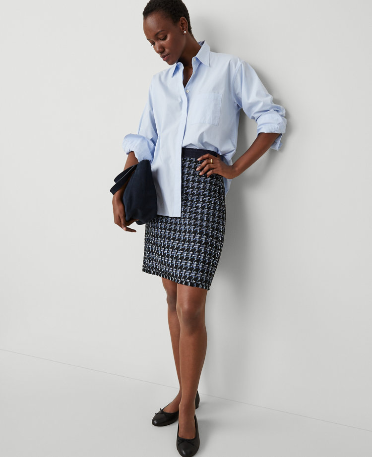 Petite Houndstooth Fringe Tweed Denim Skirt