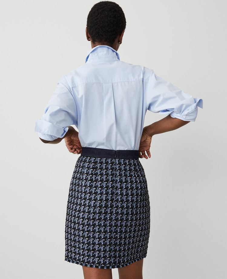Petite Houndstooth Fringe Tweed Denim Skirt