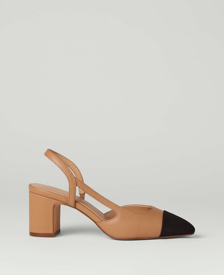 Ann Taylor Leather Cap Toe Block Heel Slingback Pumps