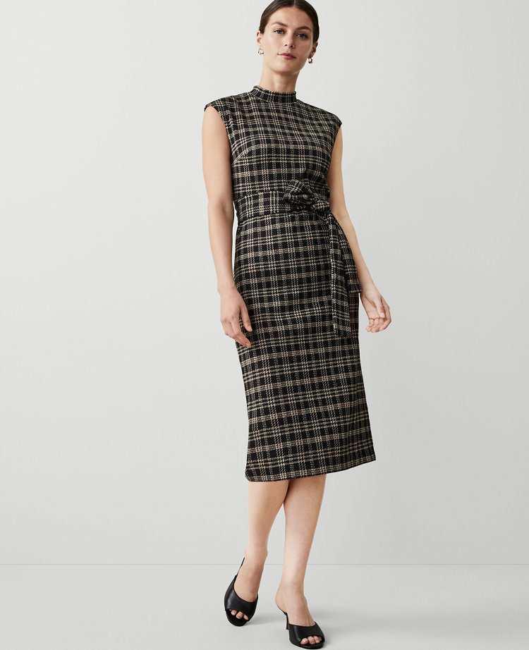 Ann Taylor Plaid Knit Mock Neck Belted Midi Dress