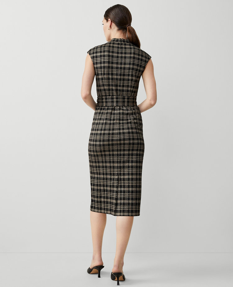 Ann Taylor Plaid Knit Mock Neck Belted Midi Dress Black/Neutral Combo Women's