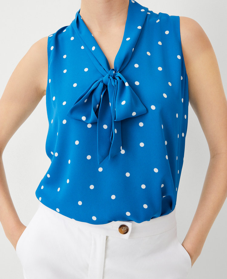 Ann Taylor Petite Dotted Bow Tie Neck Shell Top Santorini Women's