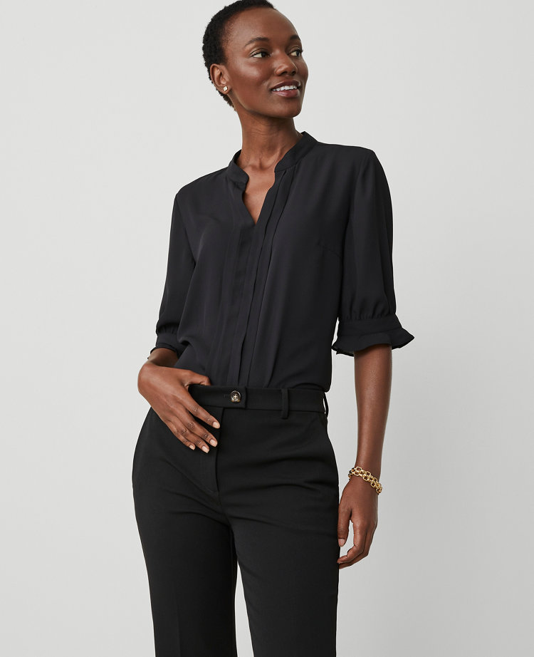 Ann Taylor Pleat Neck Popover Top Size XS Black Women's