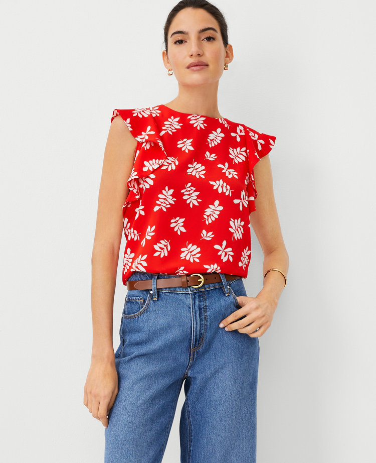 Ann Taylor Petite Leafed Ruffle Top Fiery Red Women's