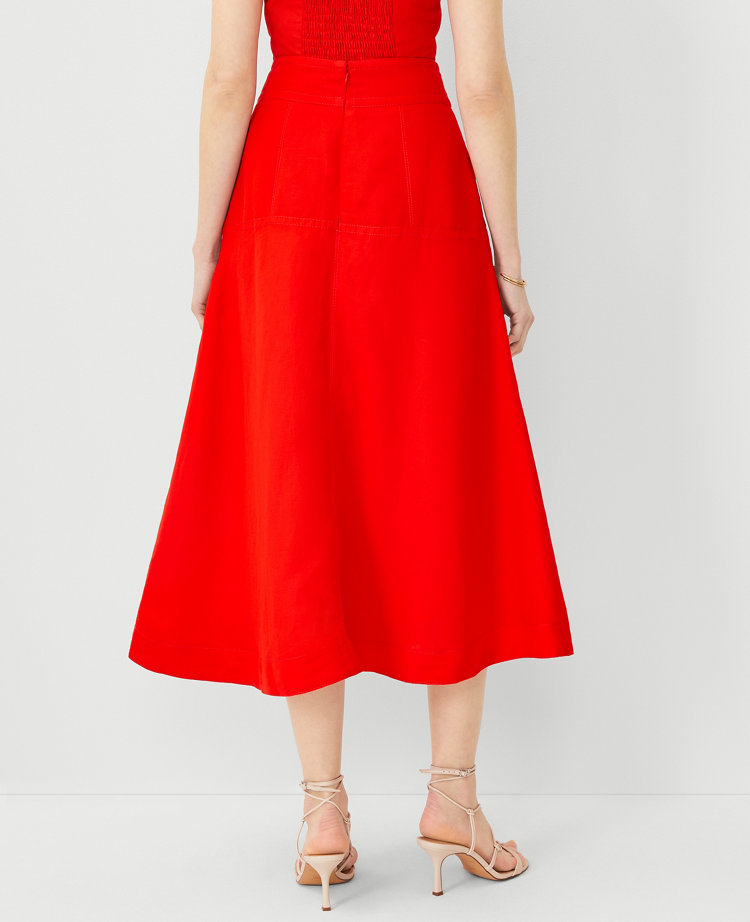Ann Taylor Petite Linen Blend Tie Waist Pocket Midi Skirt Fiery Red Women's