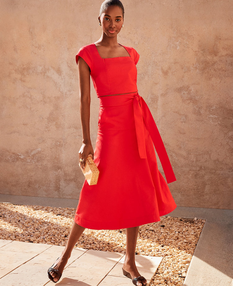 Ann Taylor Petite Linen Blend Tie Waist Pocket Midi Skirt Fiery Red Women's