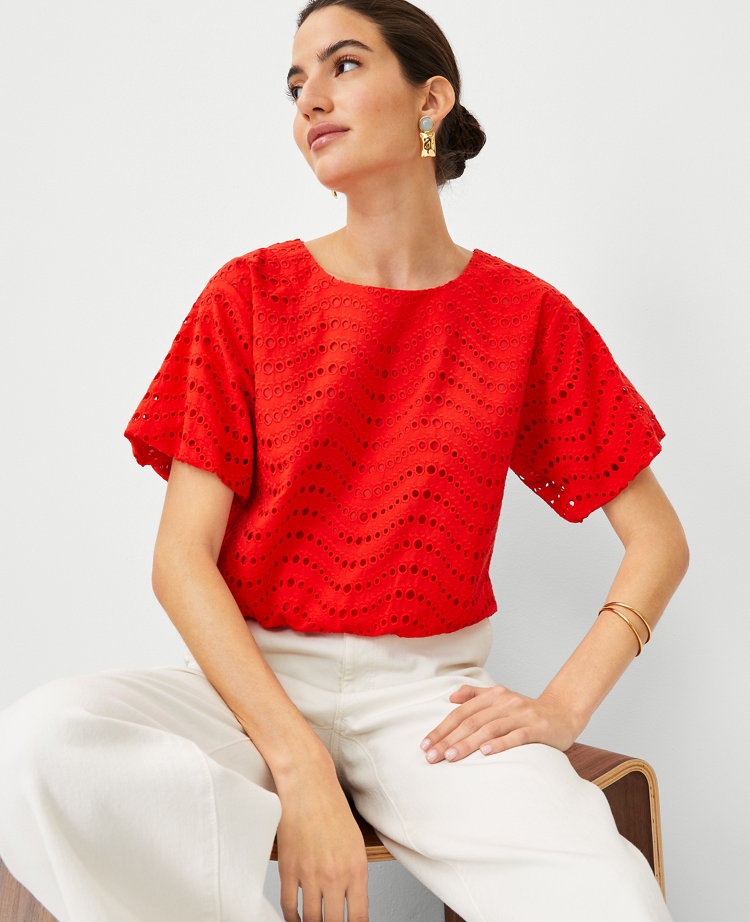 Ann Taylor Petite Cotton Eyelet Gathered Top Fiery Red Women's