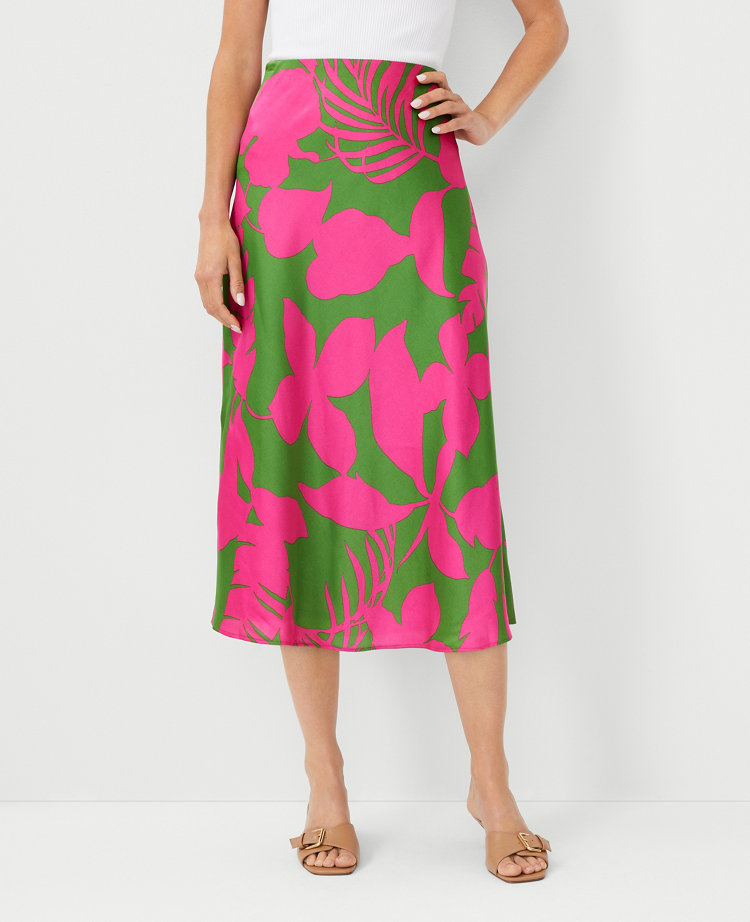 Ann Taylor Petite Tropical Bias Midi Slip Skirt Matcha Women's