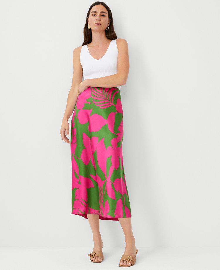 Ann Taylor Petite Tropical Bias Midi Slip Skirt Matcha Women's