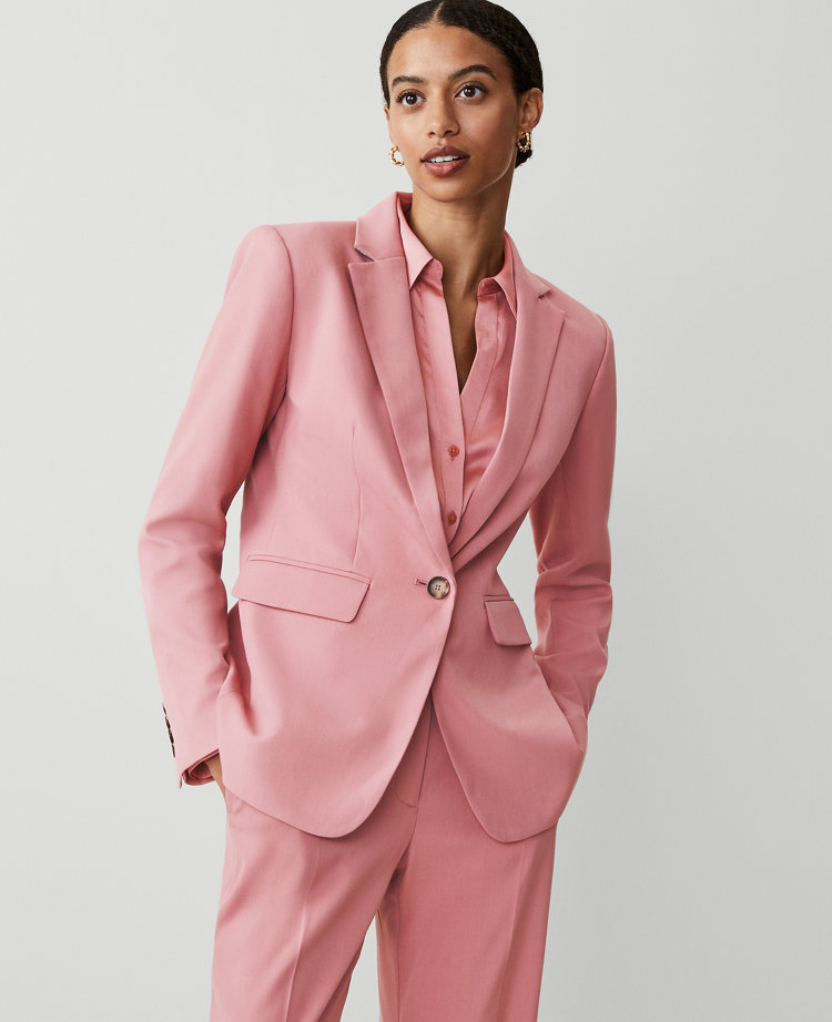 The Petite Long One Button Notched Blazer in Textured Drape