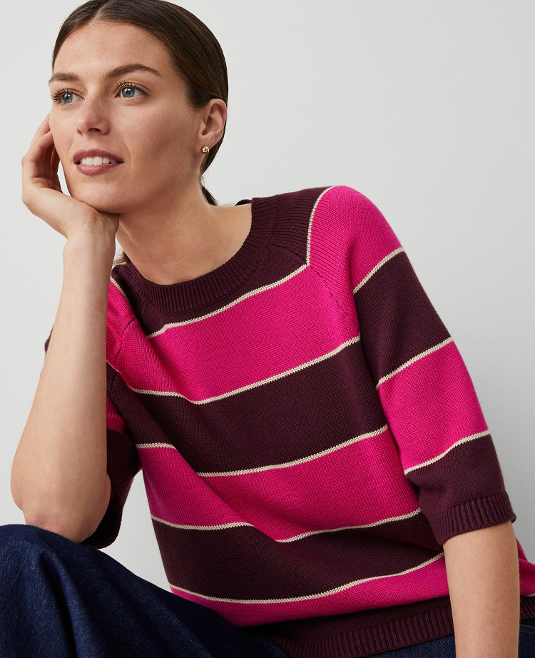 Ann Taylor Stripe Relaxed T-Shirt Hot Pink Poppy Women's