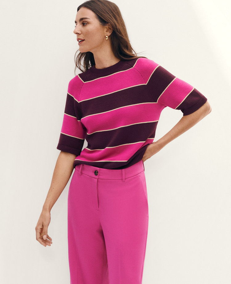 Ann Taylor Stripe Relaxed T-Shirt Hot Pink Poppy Women's