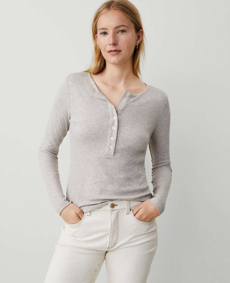 Ann Taylor AT Weekend Pima Cotton Henley Light Taupe Heather Women's