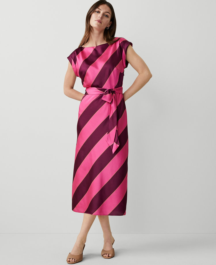 Ann Taylor Petite Striped Boatneck Flare Midi Dress Bold Pink Women's