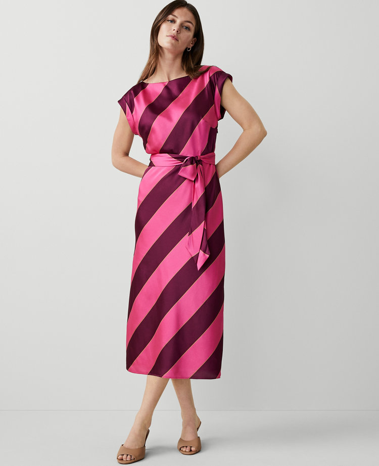 Petite Striped Boatneck Flare Midi Dress