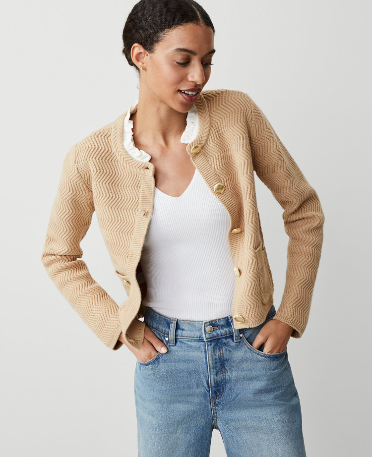 Ann Taylor Woven Ruffle Neck Stitch Jacket