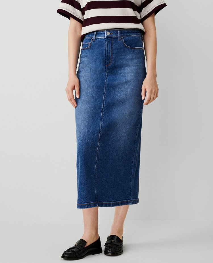 Ann Taylor AT Weekend High Rise Denim Column Skirt Dark Wash Women's