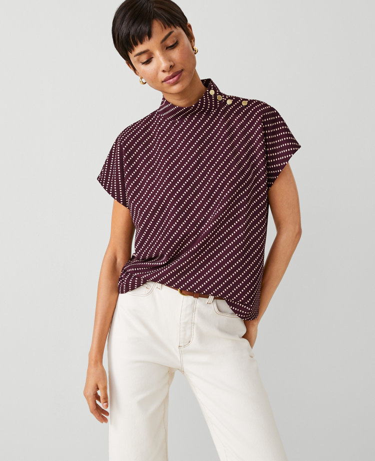 Ann Taylor Striped Shoulder Button Mock Neck Top