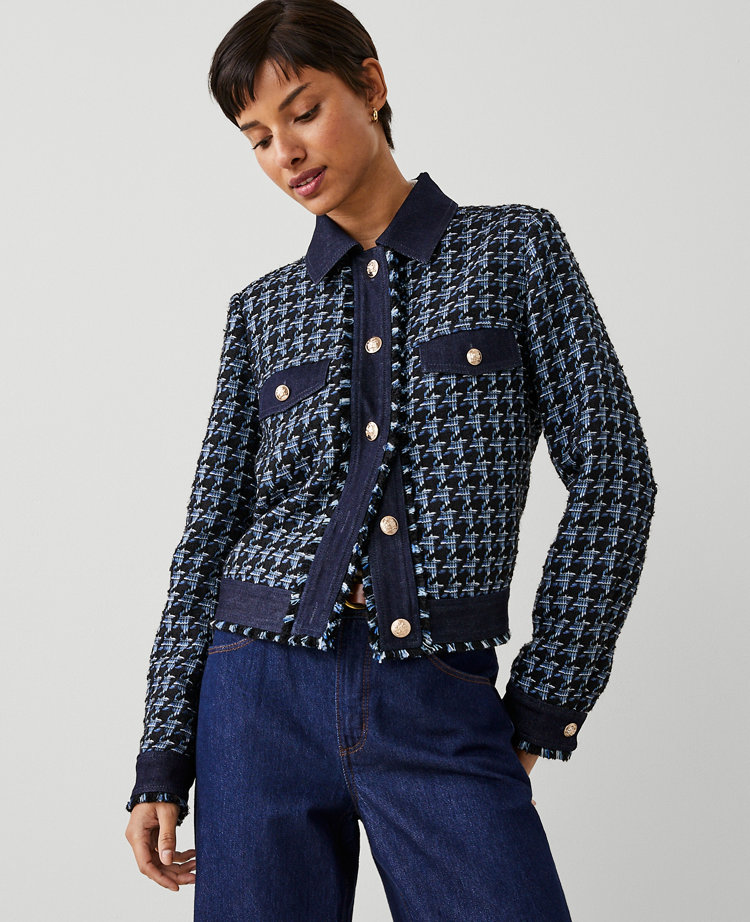 Petite Houndstooth Fringe Tweed Denim Jacket