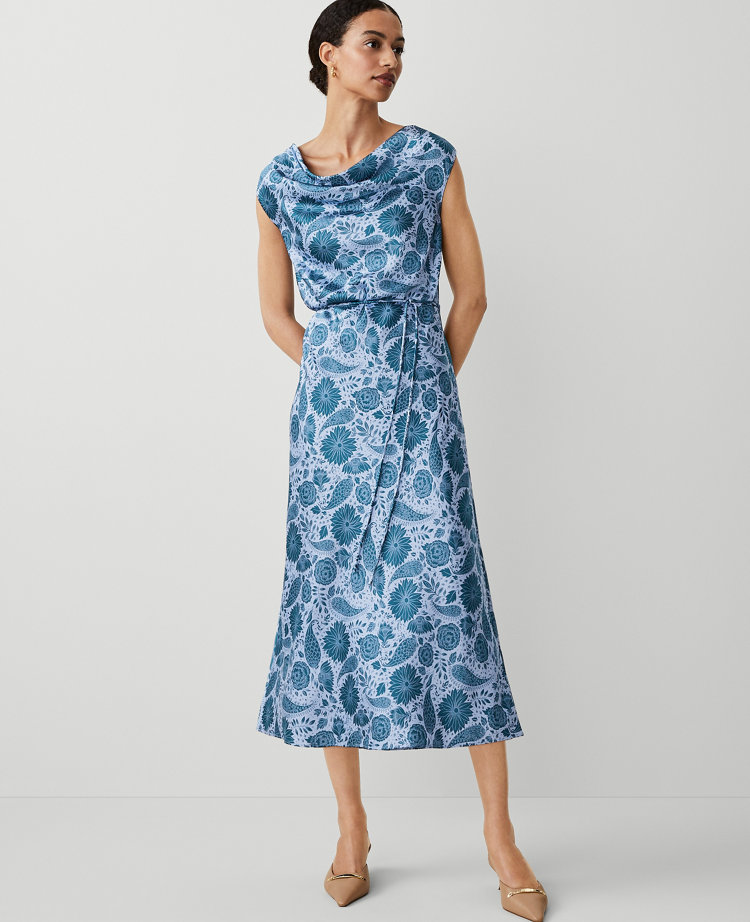 Ann Taylor Floral Cowl Neck Flare Midi Dress