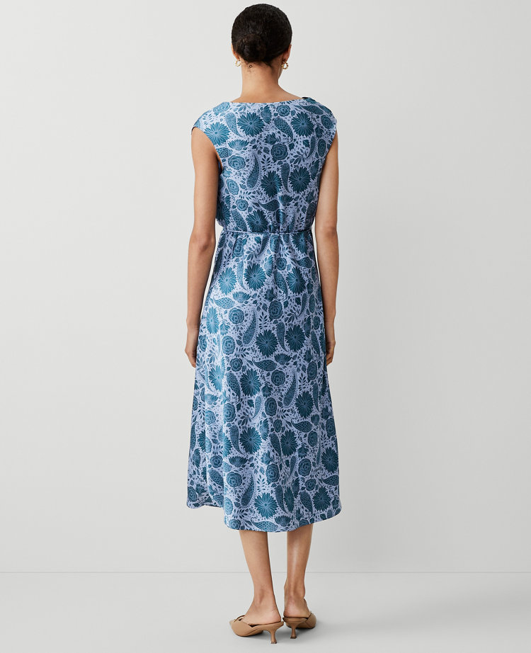 Ann Taylor Floral Cowl Neck Flare Midi Dress Underwater Teal Women's