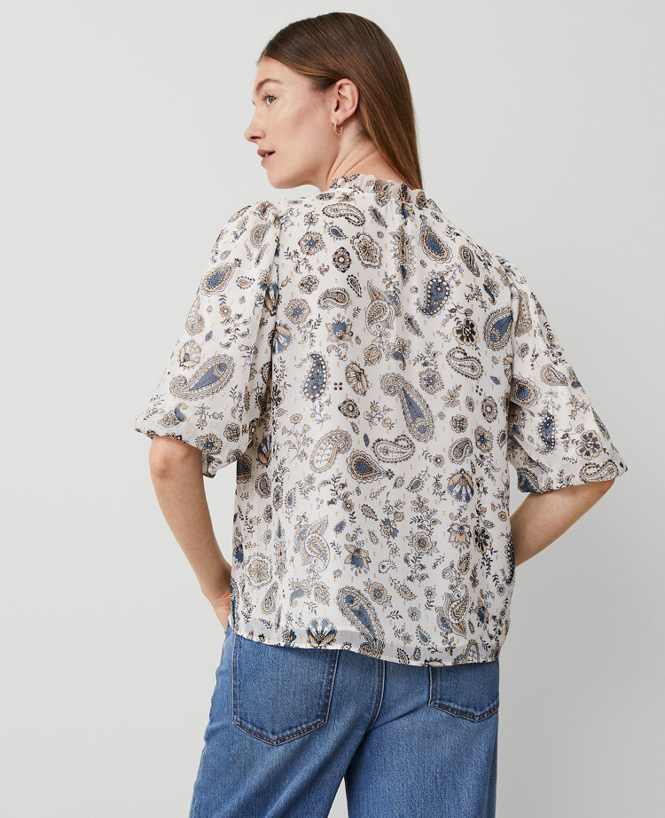 Ann Taylor Petite Paisley Clip Ruffle Split Neck Popover Top Winter White-Baguette Women's