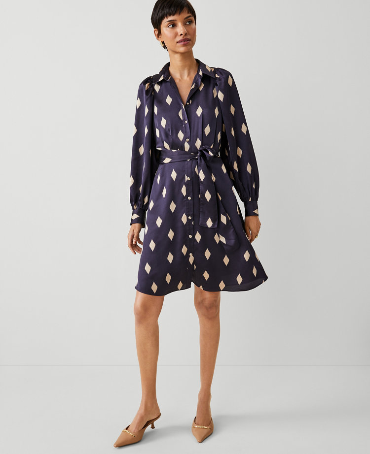 Ann Taylor Petite Geo Collared Belted Shirtdress Night Sky Women's