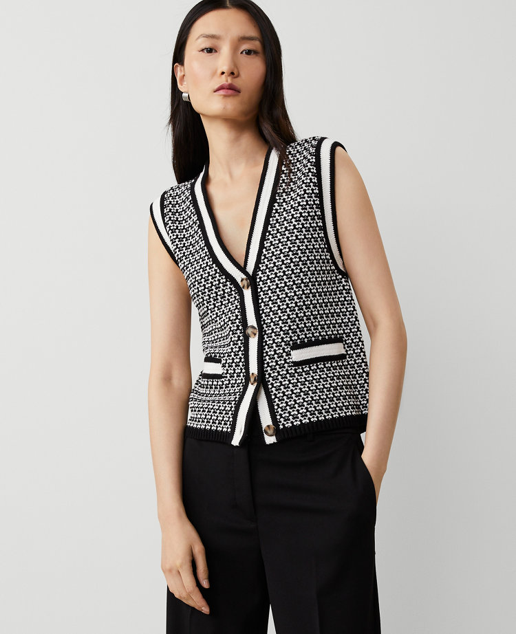 Ann Taylor Petite Geo Stitch Sweater Vest Black/White Multi Women's