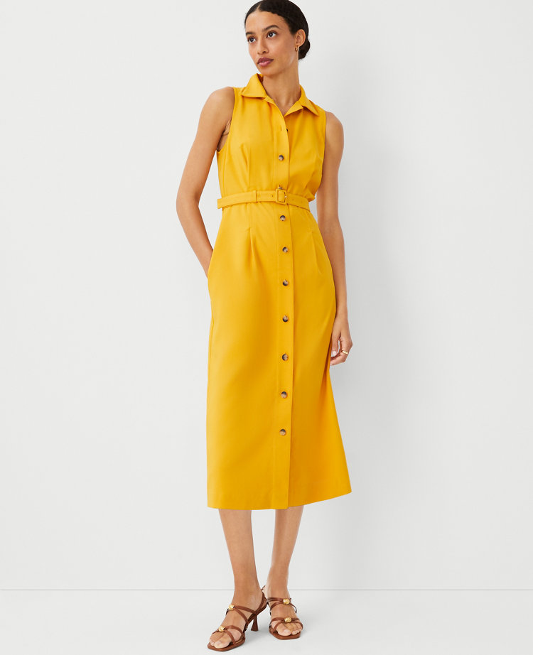 Ann Taylor Petite Shirt Collar Flare Midi Dress Spring Marigold Women's