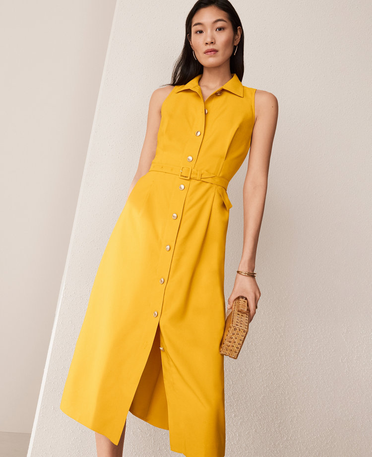 Ann Taylor Petite Shirt Collar Flare Midi Dress Spring Marigold Women's