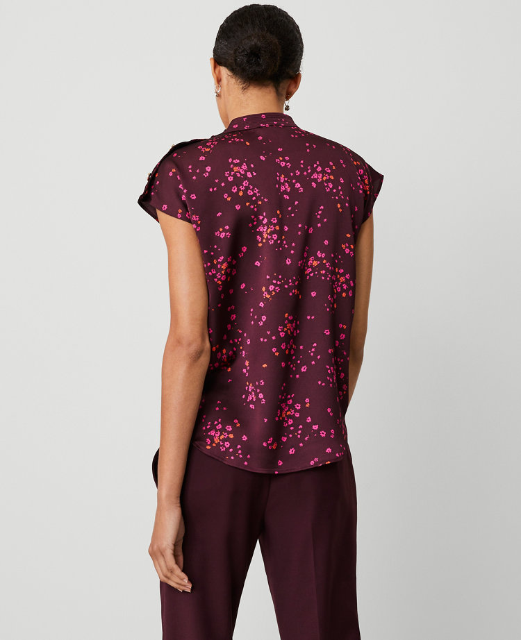 Ann Taylor Floral Trapunto Shoulder Button Top Plum Rose Women's