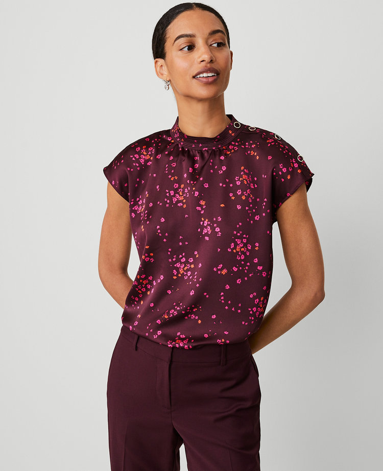 Ann Taylor Floral Trapunto Shoulder Button Top Plum Rose Women's