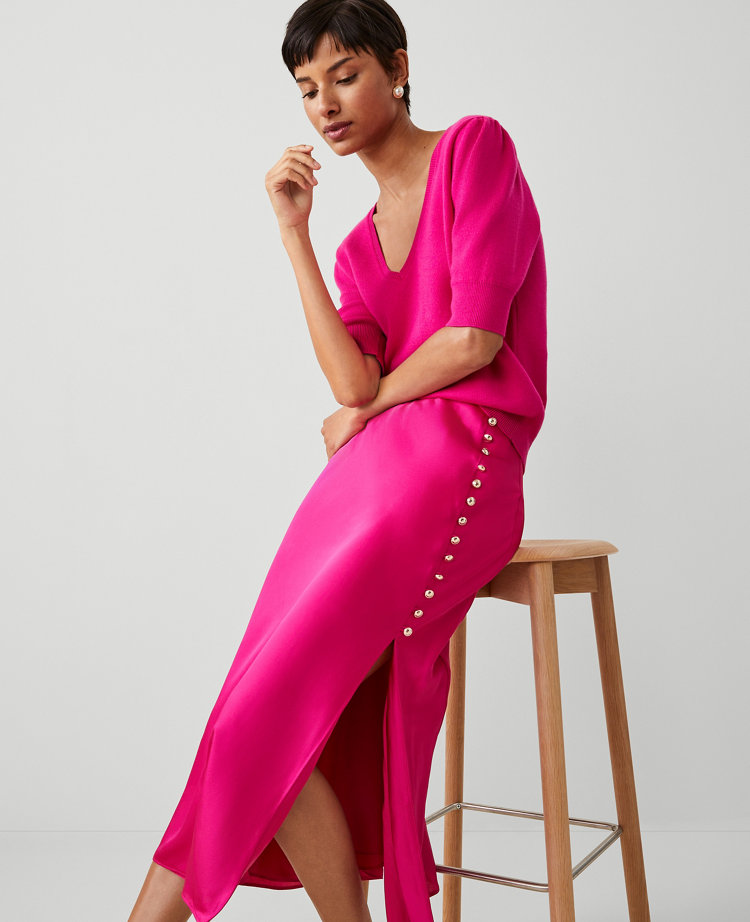 Ann Taylor Petite Button Slit Midi Slip Skirt Hot Pink Poppy Women's