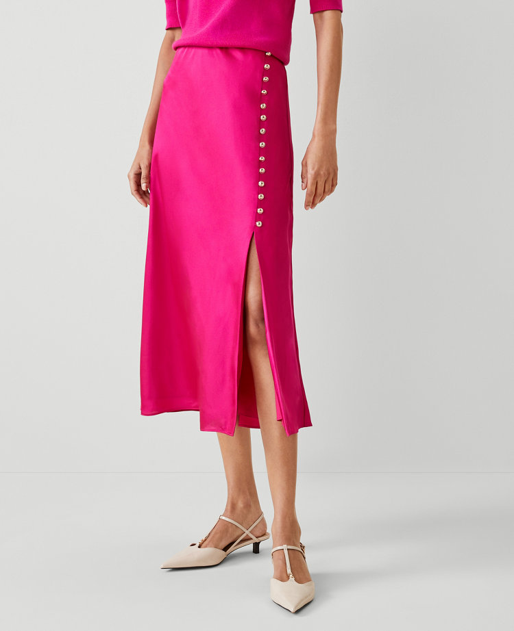 Petite Button Slit Midi Slip Skirt