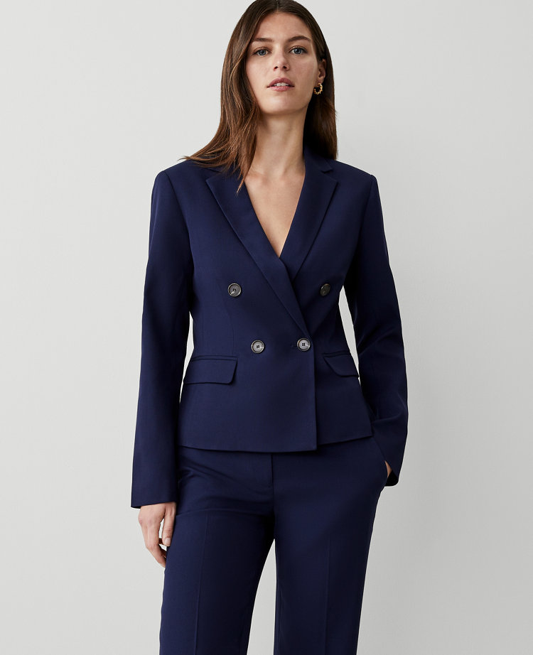 Ann Taylor The Petite Shorter Tailored Double Breasted Blazer Textured Drape Navy Women's