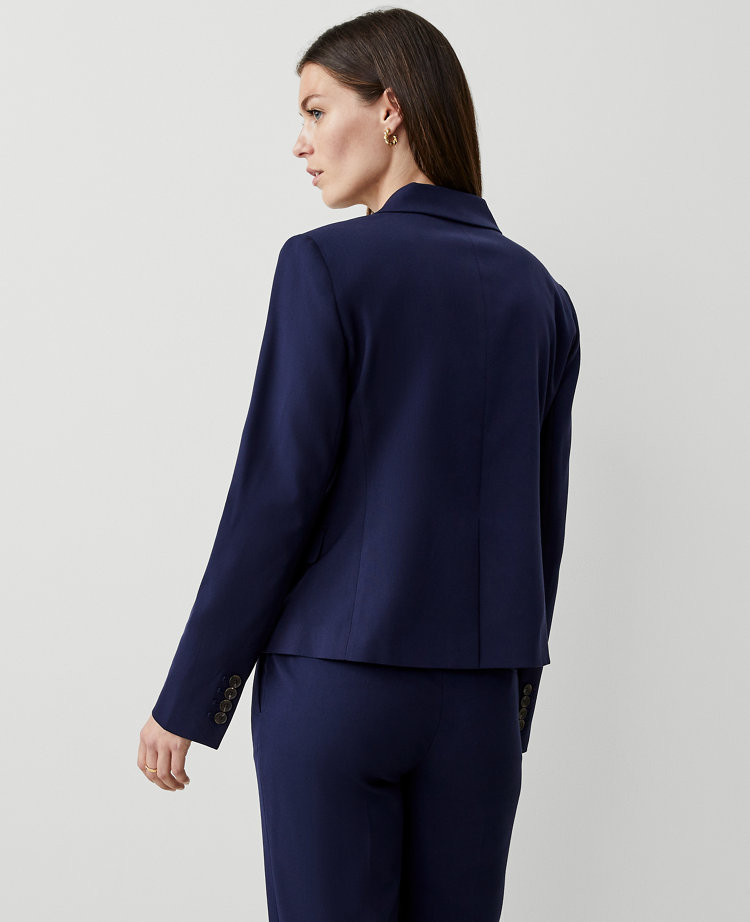 Ann Taylor The Petite Shorter Tailored Double Breasted Blazer Textured Drape Navy Women's