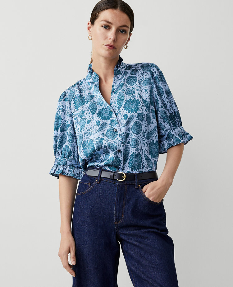 Ann Taylor Floral Ruffle Button Top