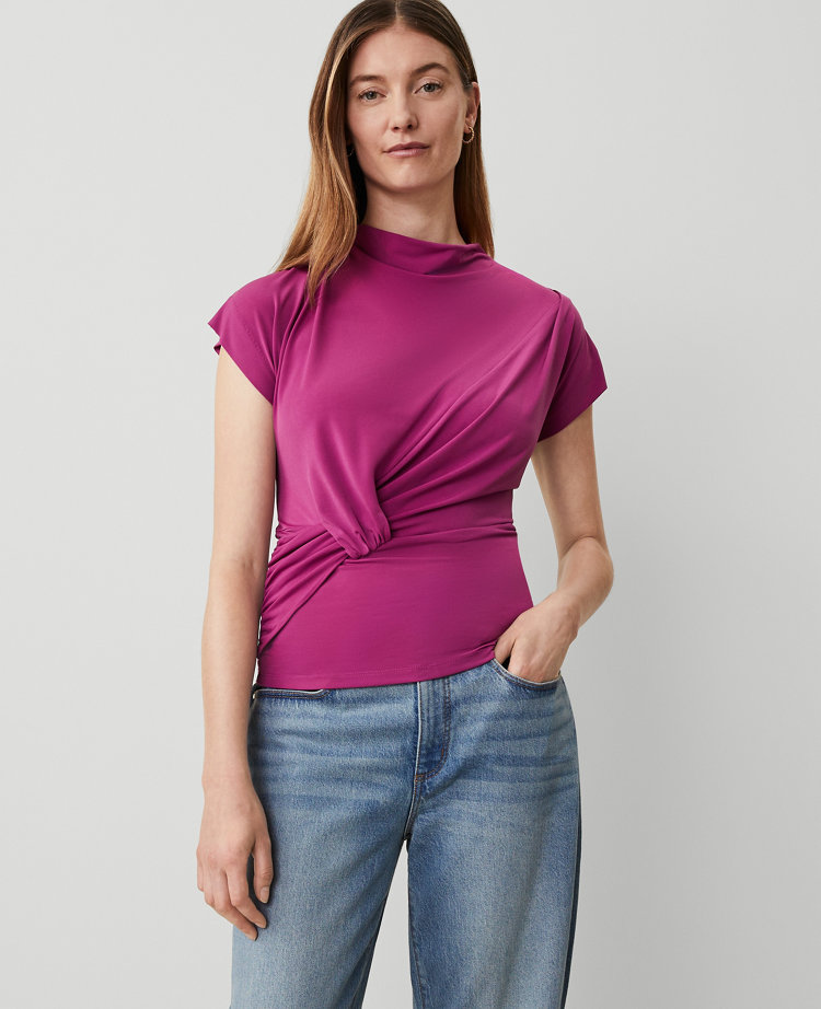 Shimmer Shirred Turtleneck Top